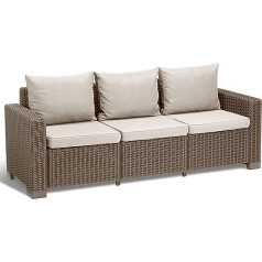 Allibert by Keter California 3-Seater Garden Lounge Sofa, Cappuccino/Sand, with Seat and Back Cushions, Plastic, Round Rattan Look, 199 x 68 x 72 cm
