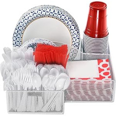 Eltow White Plate and Cutlery Organizer: Large Kitchen Spoon, Fork, Knife Cup Holder - Sturdy Bowl, Napkin Tableware Dispenser, Home, Restaurant, BBQ Picnic Plate Organizer