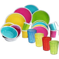Camping Crockery Set Made of Melamine for 4 People - 20 Pieces - with Drinking Glasses Colourful 450 ml - Dinnerware Modern Camping Tableware