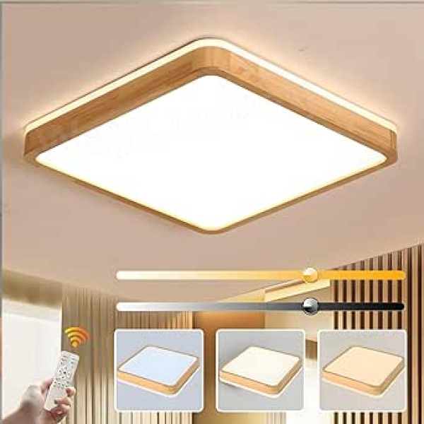 Wooden Square LED Ceiling Light, Top 360° Glow LED Lamp, Diameter 50 cm, 36 W, Dimmable with Remote Control 2700 K - 6500 K, Wooden Ceiling Light for Children's Room, LED Ceiling Lights for Girls /