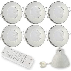 6 x LED recessed spotlights, brushed stainless steel, 5 watts, cool white, super flat, 12 V, MR16 - suitable for bathroom, outdoor use, IP44 - 55-60 mm drill hole, bathroom round spotlight spotlight