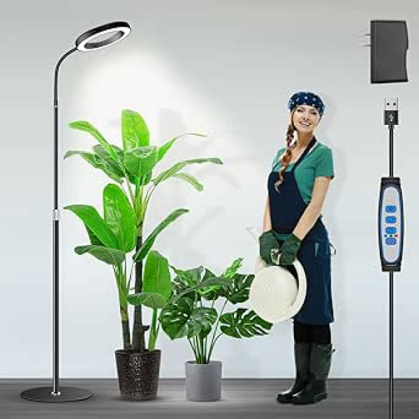 Garpsen Grow Lights für Indoor-Pflanzen, Vollspektrum-LED-Boden-Pflanzenlampe ar Standfuß, 3-Farben-Pflanzenlicht ar Timer 6/12/16H, 5 dimmbare Stufen, 23~67''einstellbare Gronße Höhe