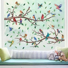 KAIRNE Colourful Birds Window Sticker, DIY Wall Sticker Birds Tree, Watercolour Butterflies Green Leaves Wall Sticker for Girls Bedroom, Animals Window Picture for Children's Room Living Room Wall