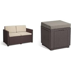 Keter Allibert by Gartenlounge Victoria 2-Seater Sofa with Seat and Back Cushion, Plastic, Flat Rattan Look & Allibert by Cube Stool with Storage Space, Brown, 42 x 42 x 39 cm