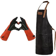 Black Forest Fox Set Buffalo Leather Barbecue Cooking & Kitchen Apron + Fireplace Oven Grill Welder Fireproof Gloves