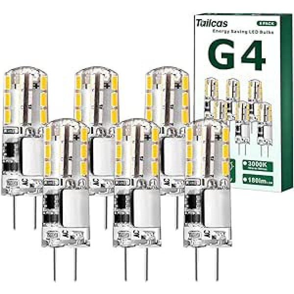 Tailcas G4 LED spuldzes, 1,5 W silti balta LED G4 tapas pamatne, maiņstrāva/līdzstrāva 12 V ar 180 LM silti baltu 3000 K, G4 spuldzes nomaiņa 20 W halogēnajām lampām, nav regulējamas, nemirgo, 6 gab.