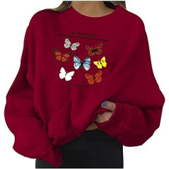 LoveLeiter Pullover Sieviešu džemperis ar apavu apkakli un kreklu ar tauriņu apdruku garām piedurknēm Meiteņu sporta apģērbs Vintage topi Modes topi Sporta krekls Ielu apģērbs Ikdienas blūze Brīvs džemperis