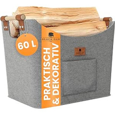 BLACK OAK Montana XL 60L Felt Basket & Wood Basket for Firewood - Leather Application + Non-Slip Handles + Front Pocket Extra Large - Felt Bag Basket for Wood Foldable Transport & Storage Light Grey