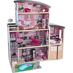 KidKraft Sparkle Mansion koka leļļu māja ar mēbelēm un aksesuāriem, rotaļu komplekts ar kaķi, lifts, garāža un baseins 30 cm lellēm, rotaļlieta bērniem no 3 gadu vecuma, 65826