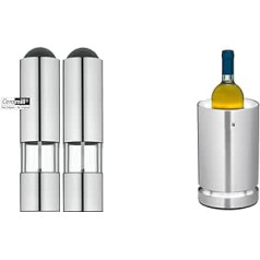 WMF elektrisko dzirnaviņu komplekts ar 2, 21 cm, sāls un piparu dzirnaviņas bez pildījuma, stikla un apkārtējās vides pudeles dzesētājs, elektrisks, ideāli piemērots kā šampanieša vai vīna dzesētājs, dzesēšanas aproce, LED apgaismojums,