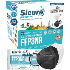 50 FFP3 maskas, CE sertificētas, melnbaltas, BFE ≥99%, PFE ≥99% logotips, SICURA FFP3 25 balts + 25