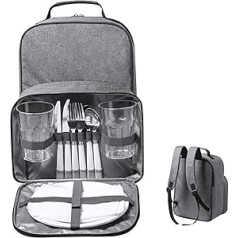 Recycled PET Insulated Picnic Backpack for 2 Person Bag with Cooler Compartment, Stainless Steel Cutlery Set, Napkins, Plates and Glasses for Couples, Lovers and Friends (Grey)