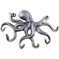 Hampton Nautical Antique Silver Cast Iron Octopus Hook 11 Inch - Decorative Hook - Sealife Metal Wall Hook