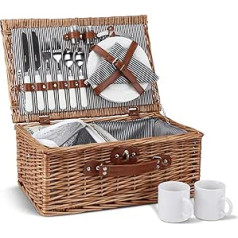 2 Person Wicker Picnic Basket Set with Insulated Cooler, Picnic Basket with Cups, Cutlery, Wine Glasses, Plates and Napkins