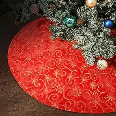 Lewondr Christmas Tree Skirt, Large Christmas Tree Base Mat Plush Faux Fur Christmas Decorations with Vine Branch and Snowflake Pattern for Holiday Home Decor Party Christmas, 122 cm/48 inches, Red