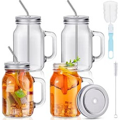 Jinei 4 komplekti 590 ml Einmachglas-Becher aus Glas mit Deckel und Strohhalmen, Glasbecher mit Griff, breite Öffnung, Trinkgläser, wiederverwendbare Einmachgläser, Becher mit Bürste für kalte Getränke,