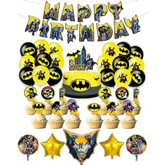 Betmena dzimšanas dienas rotājumu komplekts, kurā ir 37 Betmena dzimšanas dienas rotājumi dzimšanas dienas reklāmkarogs Betmena kūku pildījumi Betmena baloni Betmena ballītes piederumi Betmena dzimšanas dienas svinību rotājumi bērnu dzimšan