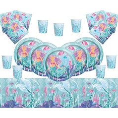 Magic Mermaid Party Supplies Bērnu dzimšanas dienas svinību galda piederumu komplekts 16 viesiem Under the Sea ballīte Nāras Šķīvji Kauss Salvetes Galdauts