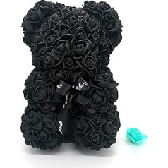 Amtang Rose Flower Bear Artificial Flower Handmade Bear for Valentine's Day Birthday Romantic Wedding Christmas Rose Gifts (25 cm Black)