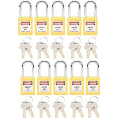 10 komplekti 38 mm Lockout Lock Lockout Tagout slēdzene ar atslēgām Putekļu necaurlaidīga neilona rūpnieciskās inženierijas izolācijas drošības rīks ķīmiskai enerģijai (dzeltens)