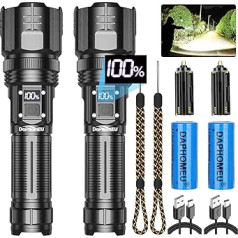 ‎Daphomeu daphomeu LED Rechargeable Torch, 150,000 Lumens, Extremely Bright Torch, Battery Operated, Tactical Torch, Zoomable, Waterproof, with 5 Light Modes for Camping, Hiking, Emergencies (2 Pack)