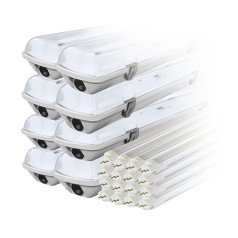 Komplektā: 8x hermētiska IP65 LED lampa 1-puse + 16x LED dienasgaismas spuldze 120cm 18w T8 6000k 1-puse aukstā