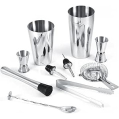 Akozon 10 Pieces Stainless Steel Cocktail Shaker Set Ice Tong Mixing Spoon Pourer Bar Tools