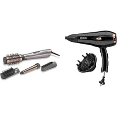 BaByliss Air Style 1000 karstā gaisa suka ar jonu tehnoloģiju, 4 pielikumi, AS136E, 1 gabals (1 iepakojums), Silver Rose Gold & Cordkeeper 2000 jonu matu žāvētājs D373E, 2000 vatu melns