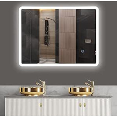 baklon GuWet Wall Mirror LED Bathroom Mirror with Lighting, 80 x 60 cm with Touch Switch, IP65 Super Waterproof, 3 Colour Temperatures, IP44 Energy Saving A++