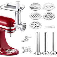 Gdrtwwh gaļas maļamā mašīnas stiprinājuma komplekts, kas ir savietojams ar visiem KitchenAid statīviem, ar 3 desu pildīšanas caurulēm, 2 asmeņiem un 5 malšanas plāksnēm