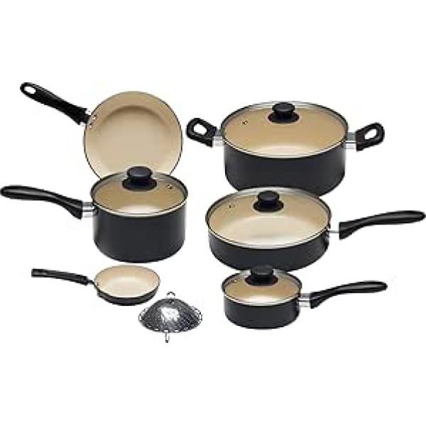 Amazon Basics 11 daļiņu keramikas nepiedegošs PFOA un PTFE virtuves piederumu komplekts — melns/krēmkrāsas