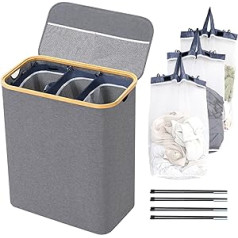 BRIAN & DANY Laundry Basket 3 Compartments with Lid Laundry Hamper Laundry Sorting System Removable Water-Repellent Foldable Laundry Box Slim Laundry Basket 145 L for the Family Grey