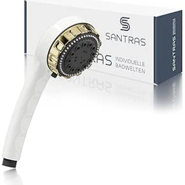 SANTRAS® Deluxe rokas duša ar trīskārši regulējamu dušas galviņu ar ūdens taupītāju baltā/zeltā krāsā — duša ar ūdeni taupošu dušas galvu un plūsmas ierobežotāju baltā krāsā (RAL 9003) / nerūsējošais misiņš