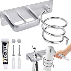 Hair Dryer Holder Hair Dryer Holder Hair Dryer Holder Straightener Holder Wall Mounted Aluminium Hair Dryer Holder Wall No Drilling 2 in 1 Hair Dryer Holder for Hotel Bathroom Living Room Barbershop Silver