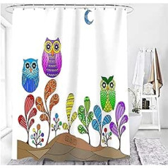 M&W DasDesign Shower Curtain Colourful Owl Heavy Colourful Flowers Plants Bathroom Textile Curtain with Anti-Mould Effect Cactus Moon Washable Shower Curtain Including 12 C-Rings with Weight Bottom