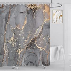 Asdcxz Grey Gold Marble Shower Curtain, 180 x 200 cm, Modern Abstract Grey Gold Black Marble Look, Texture, Washable Bathroom Shower Curtains for Bathtub, Polyester Textile, Waterproof, with 12 Hooks