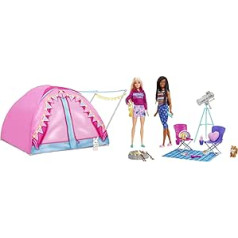 Barbie HGC18 Let's Go Camping Telts, 2 Lelles Bārbijas, 1 x Blondīne, 1 x Melns, Bārbijas kempinga piederumi, Telts, Trusis, Vāvere, Dāvana bērniem, Rotaļlieta no 3 g.