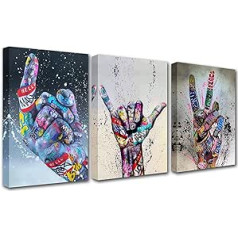 Walarky Graffiti Banksy Decoration, Fist, Inspirational Finger Artwork, Abstract, Colourful Paintings, Nordic Artwork for Living Room, 3 Panels on Canvas, Framed, Ready to Hang