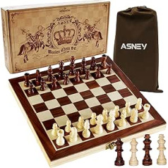 ASNEY koka magnētiskā šaha spēle ar izmēru 12 x 12 collu, arī ar salokāmu spēles dēli, ietver uzglabāšanas vietu un papildu figūriņas karalim un karalienei, kā arī komplekta somu