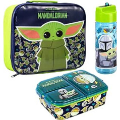 Zawadi Global Star Wars Mandalorian Kids bērnu pusdienu kastes komplekts — izolēta pusdienu soma, vairāku nodalījumu pusdienu kaste un 540 ml ūdens pudele — skolas ceļojumu pusdienu ēdienu komplekts, bez BPA