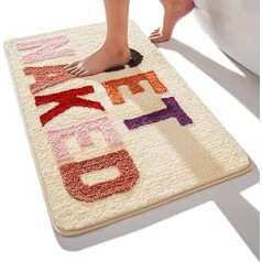 QJHOMO Get Naked Bath Mat smilškrāsas vannas istabas paklājiņi 50 x 80 cm, neslīdoši vannas paklājiņi vannas istabai, krāsaini burti, mīksta mikrošķiedra, veļas mašīnā mazgājams paklājs