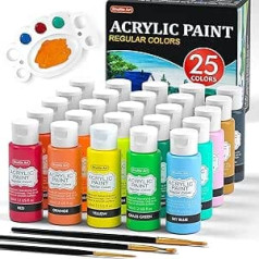 Shuttle Art Acrylic Paint Set, 25 Colourful Acrylic Colours in Bottles (60 ml each) with 3 Brush Set, Highly Pigmented, Acrylic Paint Waterproof for Artists, Beginners, Adults on Canvas, Stones, Wood