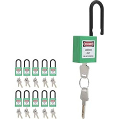 10 komplekti 38mm 1,5" Lockout Lock Lockout Tagout slēdzene ar atslēgām Putekļu necaurlaidīga neilona rūpnieciskās inženierijas izolācijas drošības rīks rūpnīcu būvlaukumiem (zaļš)