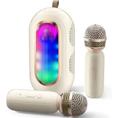 ICARERSPACE karaoke mašīna ar 2 bezvadu mikrofoniem, pārnēsājama Bluetooth karaoke ar 5 dažādiem skaņas un gaismas efektiem, karaoke mašīna bērniem vai pieaugušajiem - bēšs