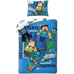 Minecraft Steve Alex Zombie bērnu gultas veļas 2-daļīgs komplekts: segas pārvalks 140 x 200 cm + 1 spilvendrāna, zila, MNC-248BL, Oeko-Tex