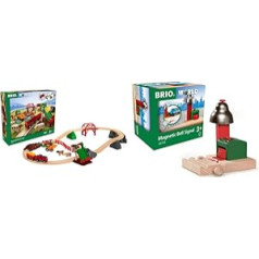 BRIO World 33984 Dzelzceļa saimniecības komplekts - koka vilciens ar fermu, dzīvniekiem un koka sliedēm un pasaule 33754 magnētiskais zvana signāls - dzelzceļa piederumi BRIO koka dzelzceļam