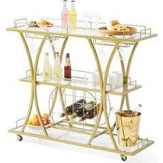 VEVOR Serving Trolley Bar Trolley 3 Tier Wine Trolley 82kg Load Capacity Mobile Drinks Trolley Mirrored Glass Shelves 111 x 35 x 92.5 cm for Small Spaces Kitchen Dining Room Bar Gold