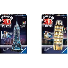 Ravensburger 3D Puzzle Empire State Building naktī bērniem un pieaugušajiem un 3D mīkla Pizas tornis naktī, 3D mīkla bērniem un pieaugušajiem, orientieris miniatūrā formātā