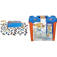 Hot Wheels V6697 — 50 1:64 die-Cast transportlīdzekļu komplekts īpaši liels dāvanu komplekts, 50 rotaļlietu automašīnas, nejauša izvēle, no 3 gadiem un GGP93 — trases veidotāja triku kaste, rotaļu automašīnu sacīkšu trase