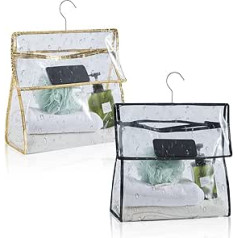 2 Waterproof Clear Bathroom Bags with Phone Pocket, Hanging Toiletry Bag, Clear Bathroom Shower Bag, Travel Organizer for Bath Towels, Cosmetics, Black + Gold